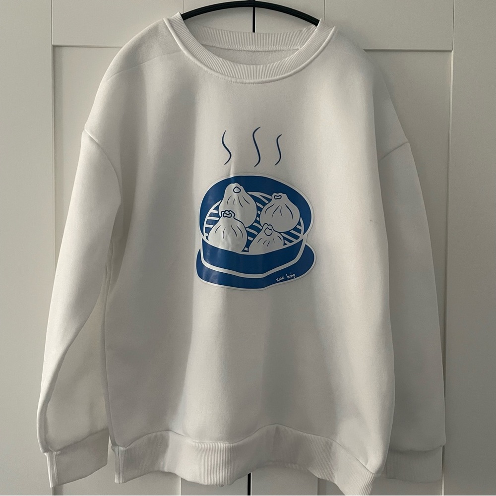 Women Cute Dumplings Pull over Crew Neck Long Sleeve Sweatshirt White / Blue